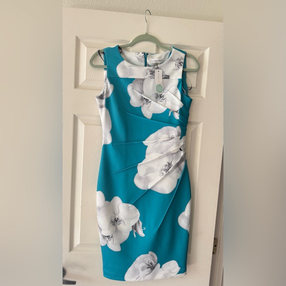 NWT Calvin Klein Teal and White Floral Midi Dress